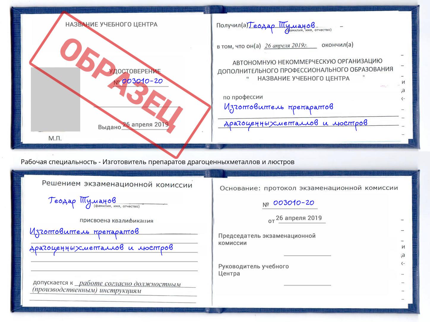 Изготовитель препаратов драгоценныхметаллов и люстров Артёмовский
