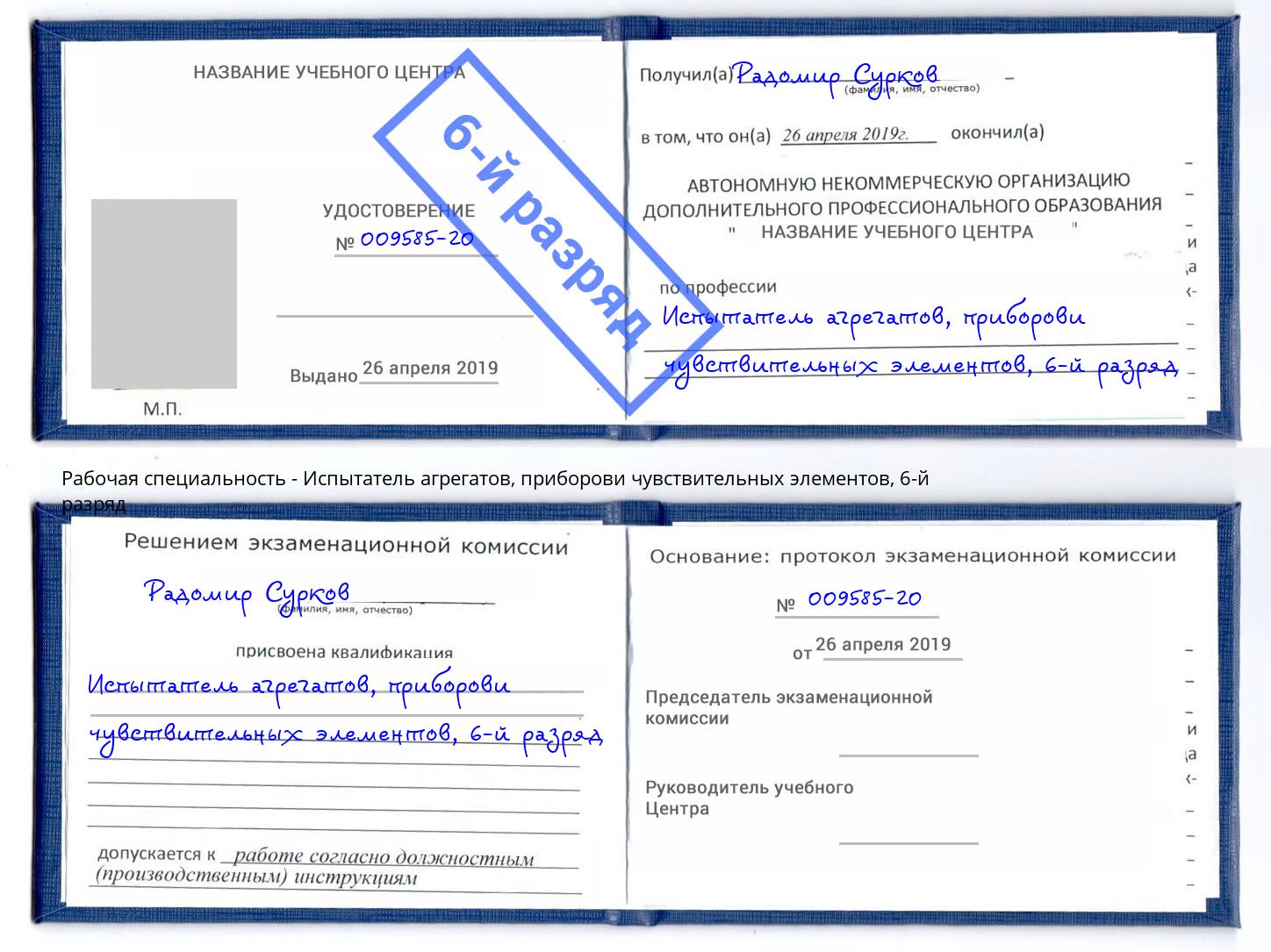 корочка 6-й разряд Испытатель агрегатов, приборови чувствительных элементов Артёмовский