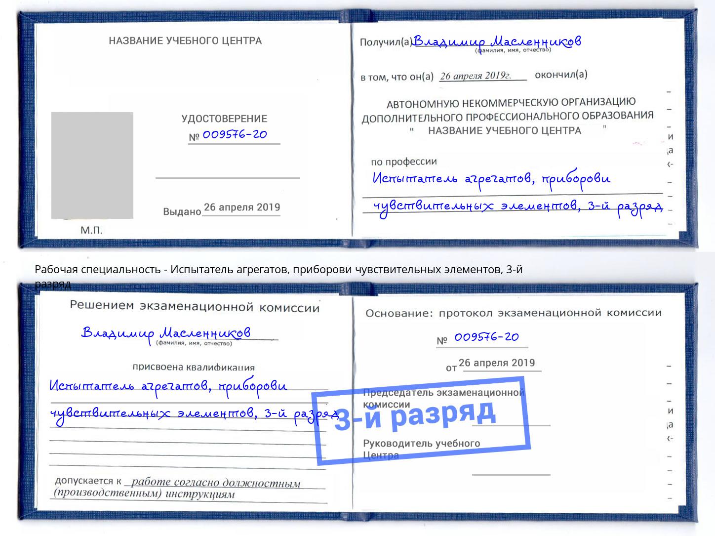 корочка 3-й разряд Испытатель агрегатов, приборови чувствительных элементов Артёмовский