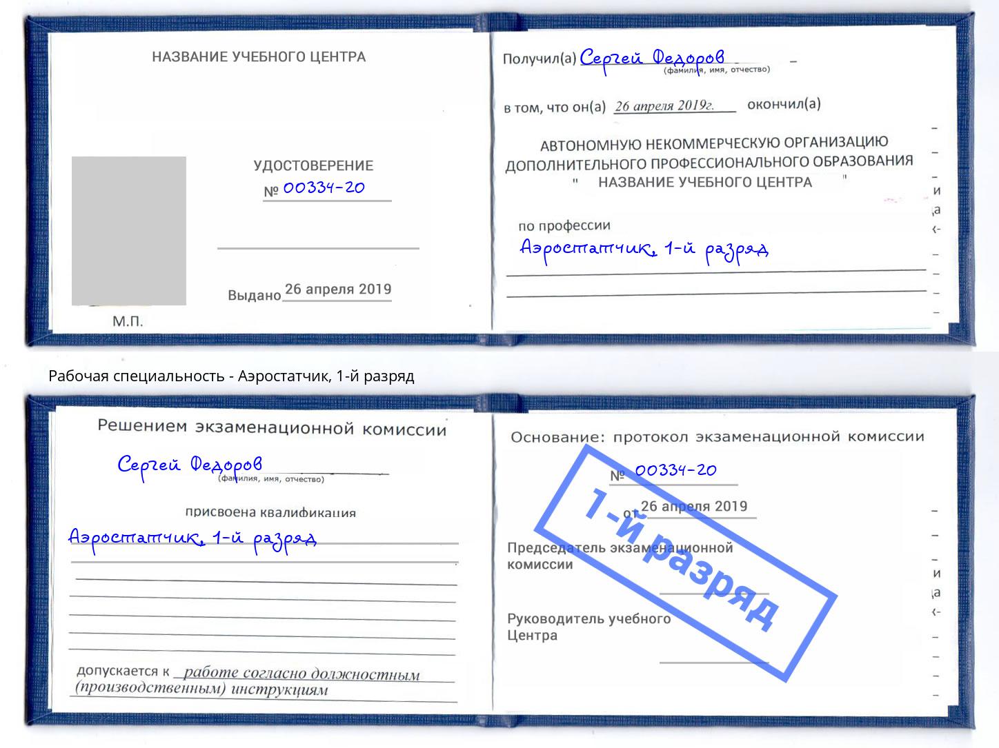 корочка 1-й разряд Аэростатчик Артёмовский