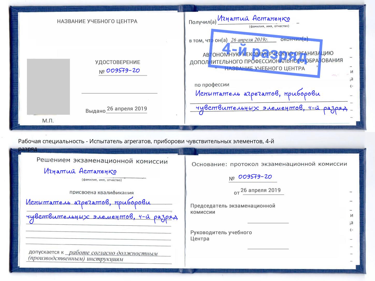 корочка 4-й разряд Испытатель агрегатов, приборови чувствительных элементов Артёмовский