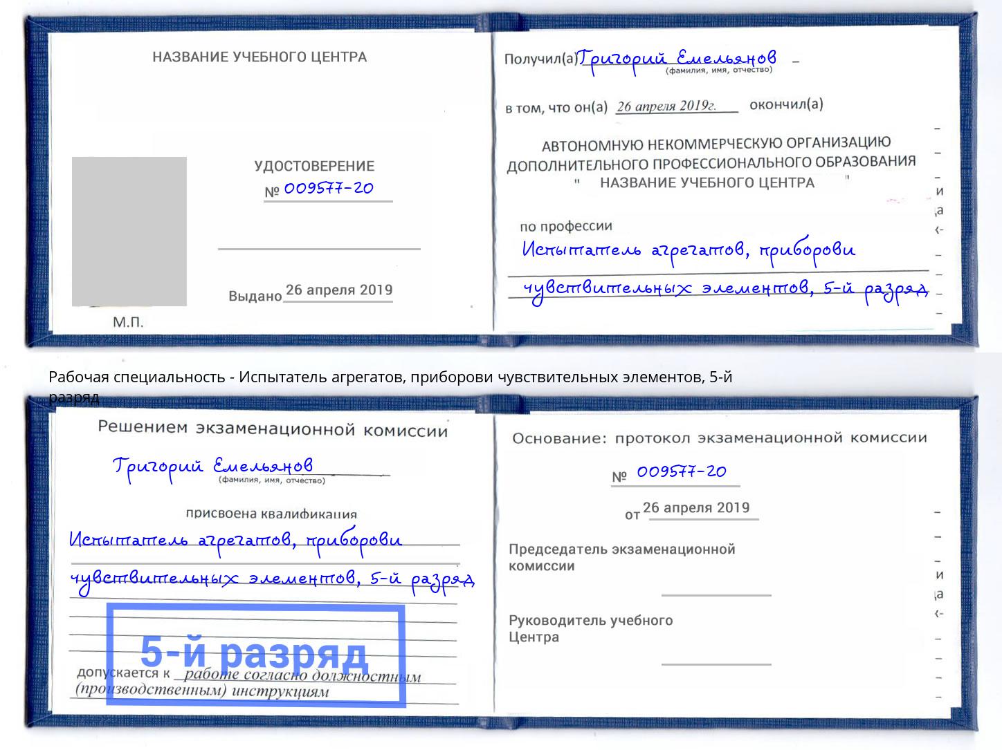 корочка 5-й разряд Испытатель агрегатов, приборови чувствительных элементов Артёмовский