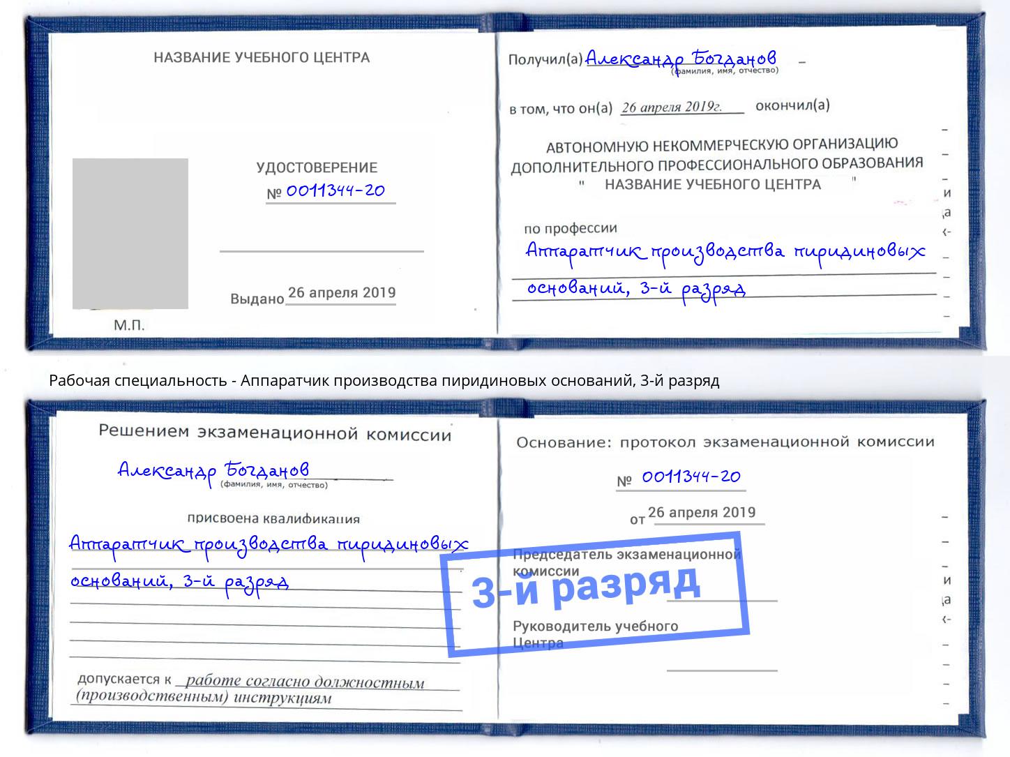 корочка 3-й разряд Аппаратчик производства пиридиновых оснований Артёмовский