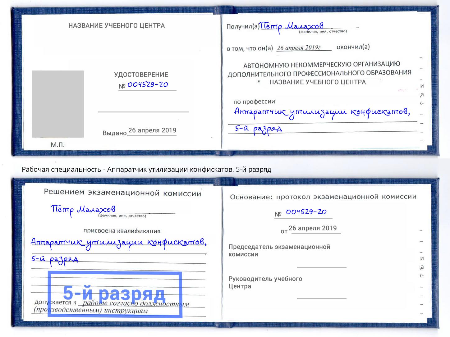 корочка 5-й разряд Аппаратчик утилизации конфискатов Артёмовский
