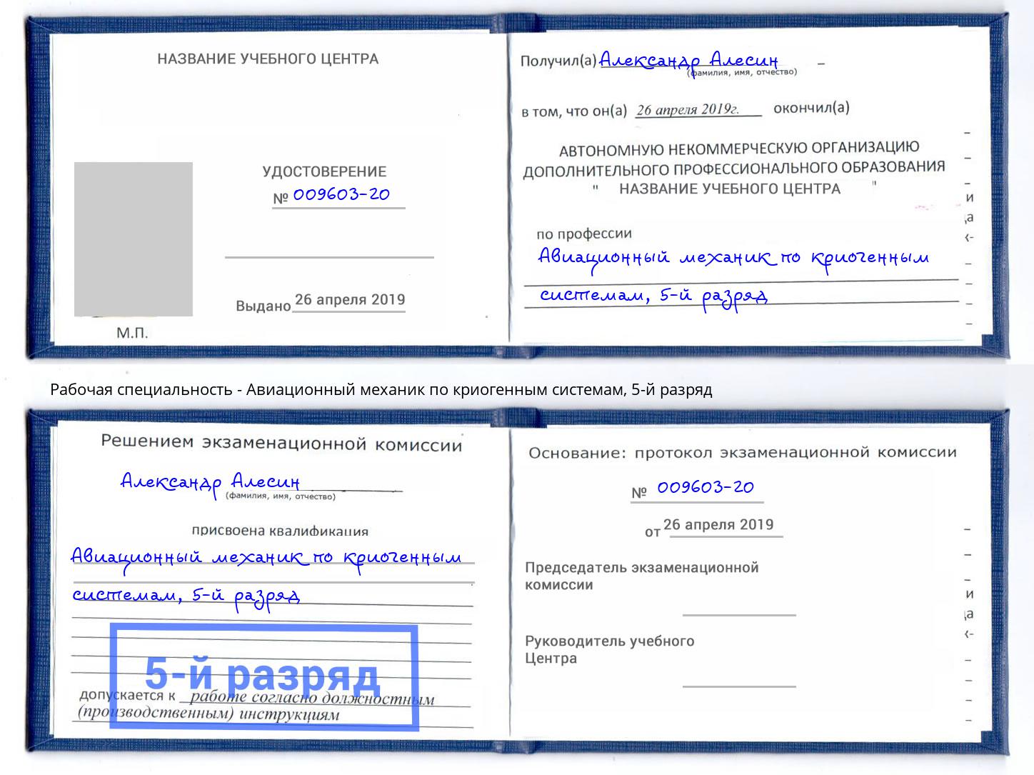 корочка 5-й разряд Авиационный механик по криогенным системам Артёмовский