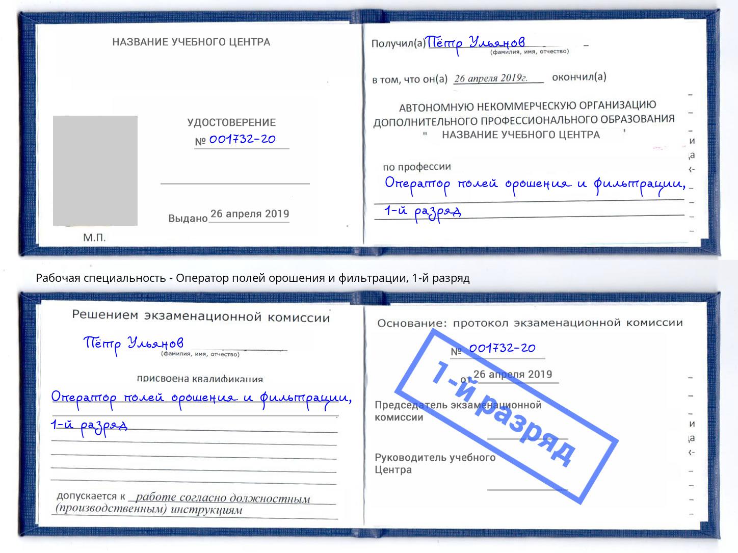 корочка 1-й разряд Оператор полей орошения и фильтрации Артёмовский