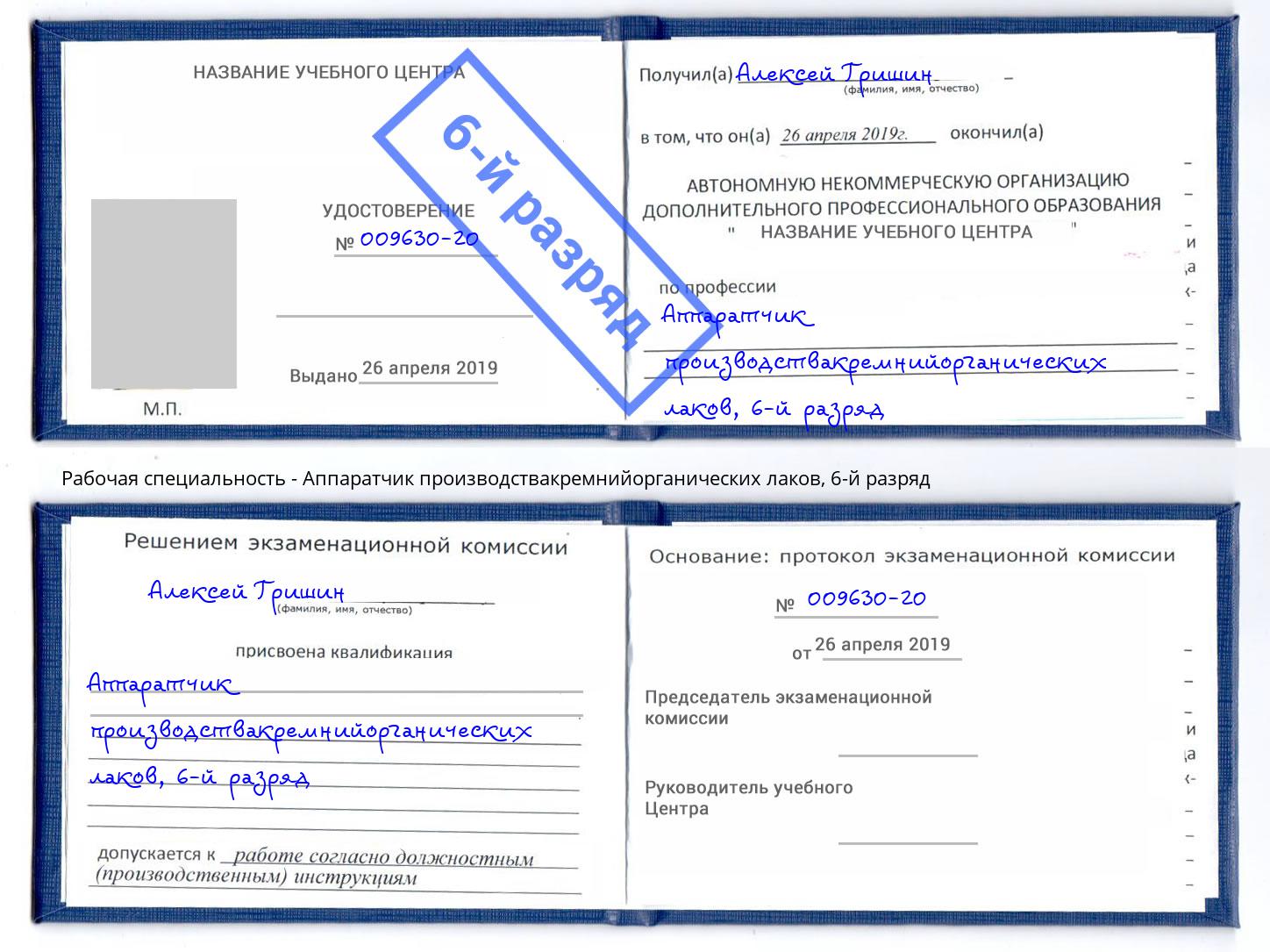 корочка 6-й разряд Аппаратчик производствакремнийорганических лаков Артёмовский