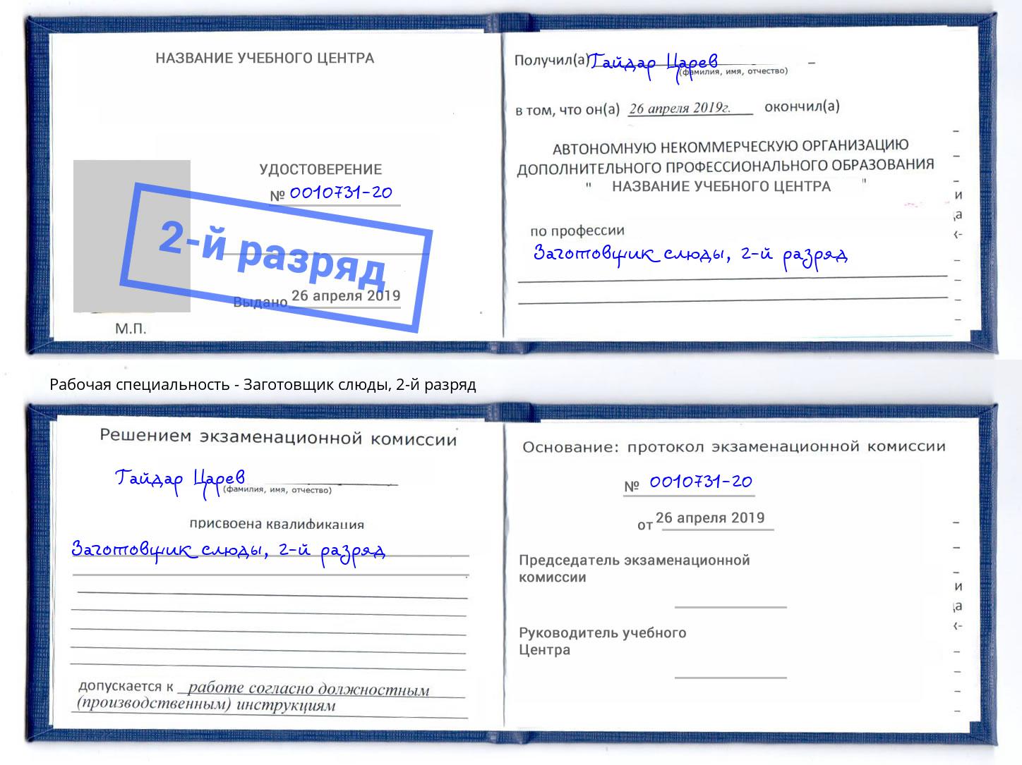 корочка 2-й разряд Заготовщик слюды Артёмовский