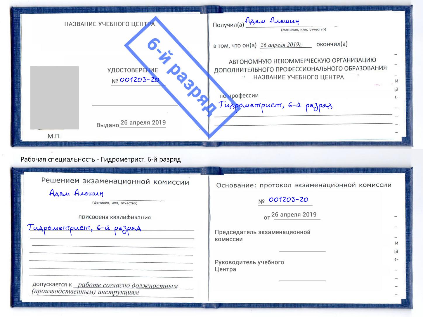 корочка 6-й разряд Гидрометрист Артёмовский