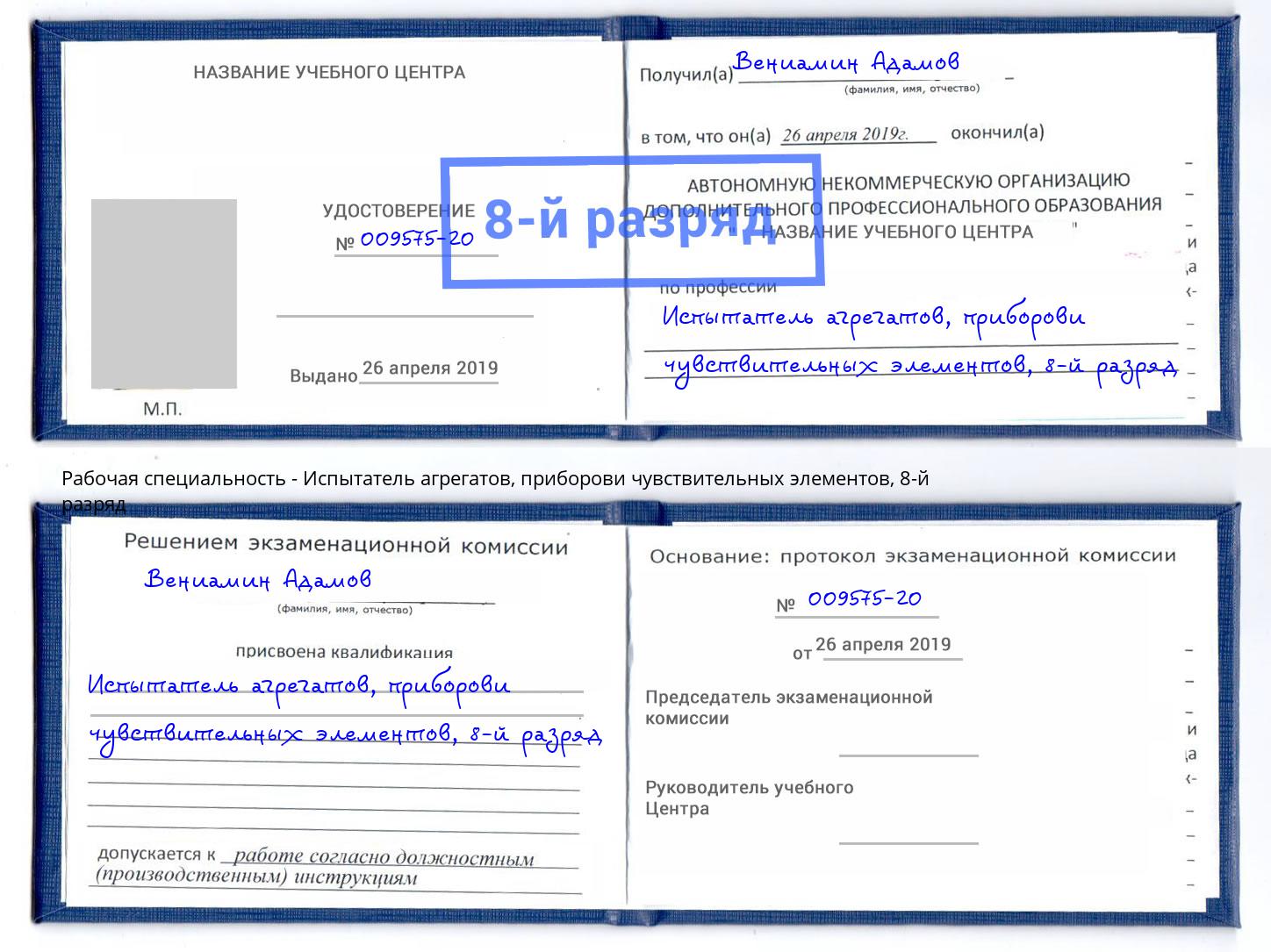 корочка 8-й разряд Испытатель агрегатов, приборови чувствительных элементов Артёмовский
